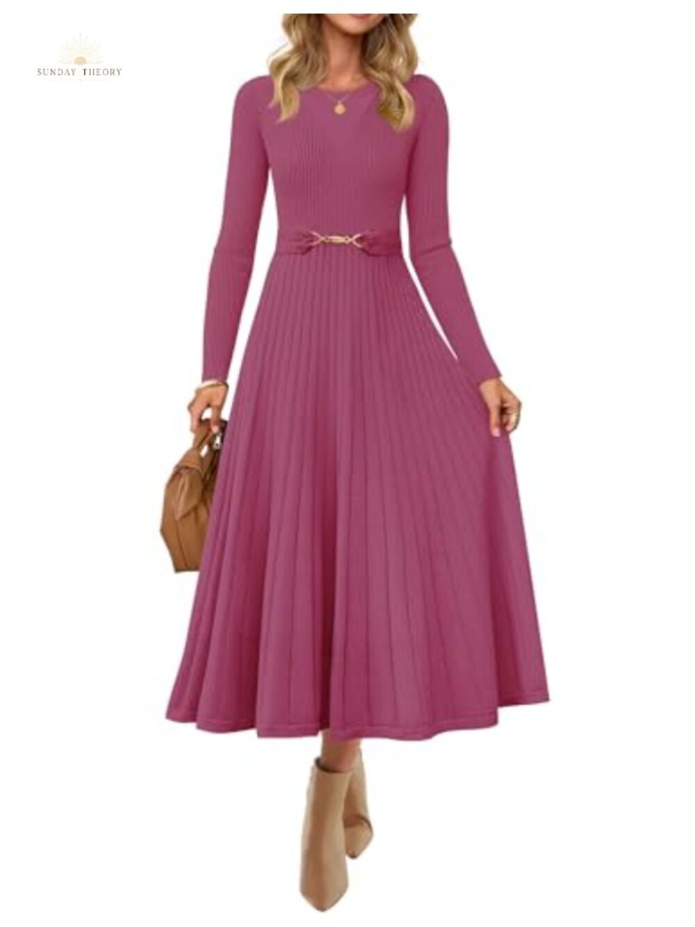 Womens Pleated Midi Sweater Dress Long Sleeve Belted Knit Fall Winter